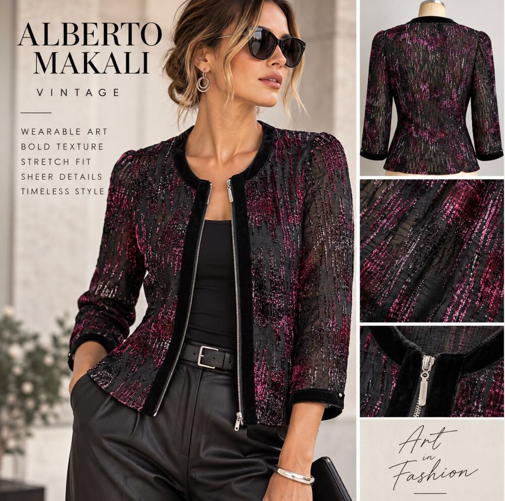 Alberto Makali Vintage Y2K Burnout Jacket Sheer Stretch Wearable Art Zip M